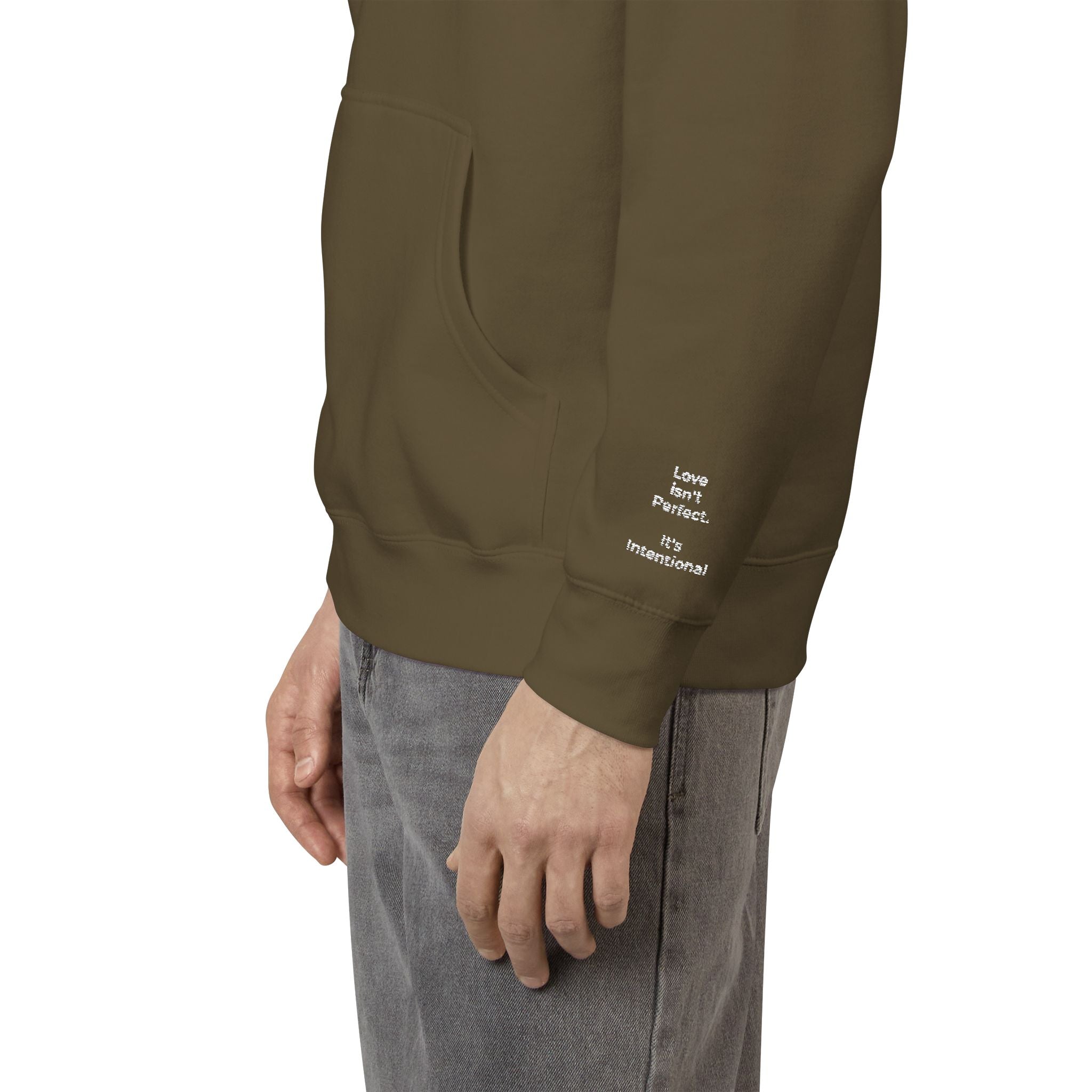 Love Isn't Perfect Men's Fleece Hoodie — "Love Isn't Perfect. It's Intentional."