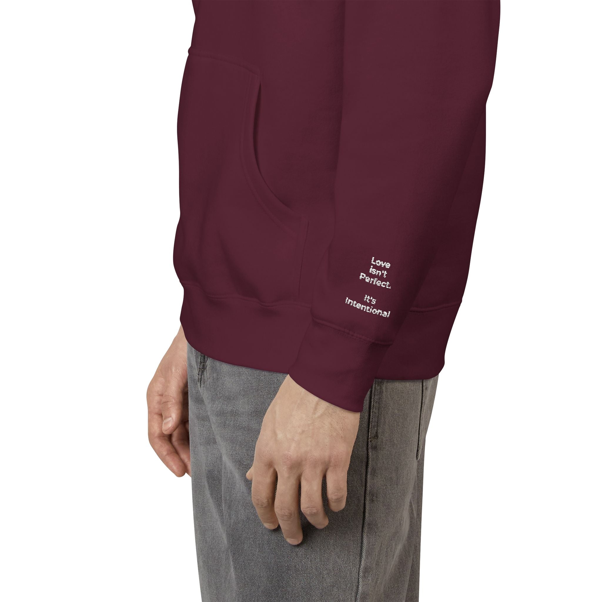 Love Isn't Perfect Men's Fleece Hoodie — "Love Isn't Perfect. It's Intentional."