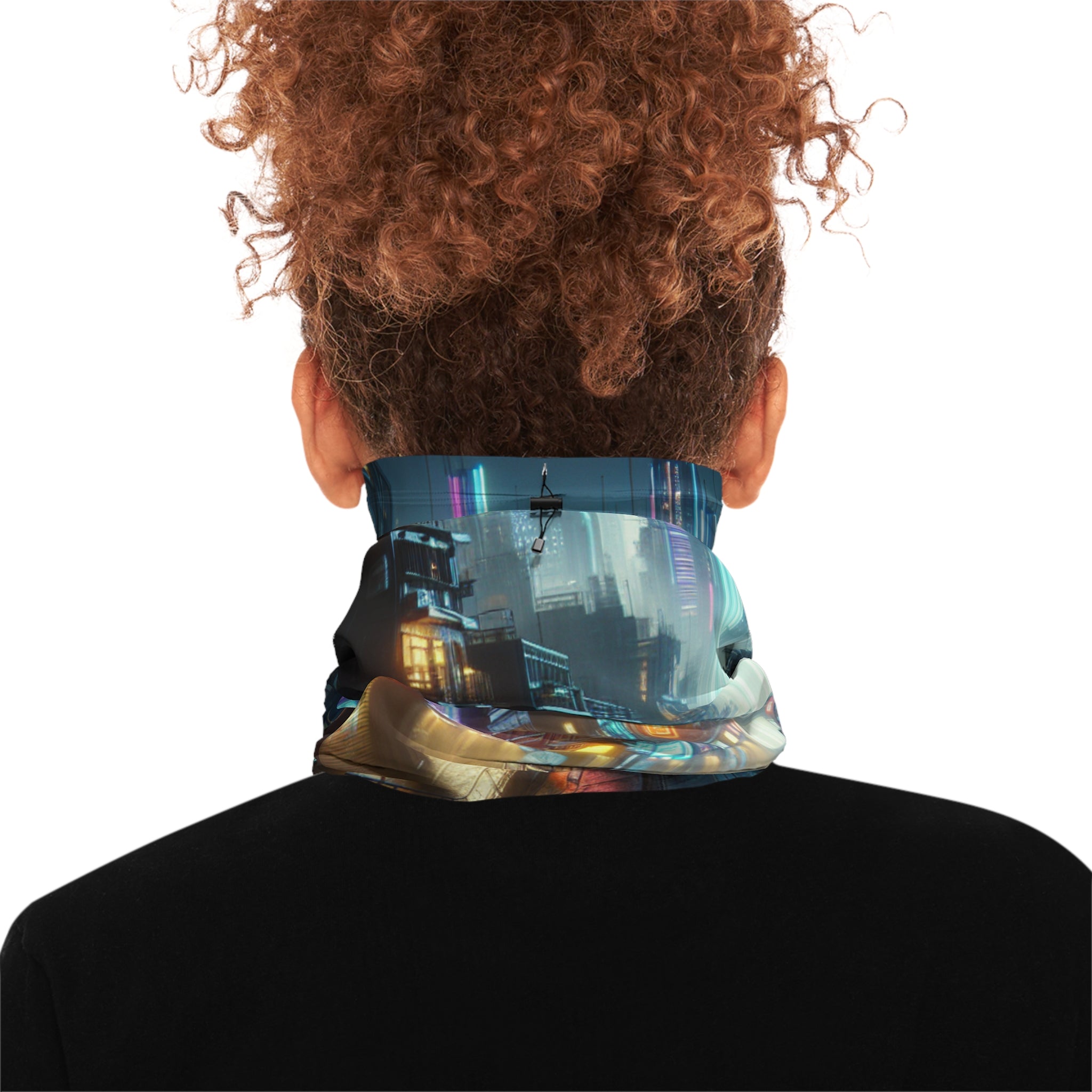 Person wearing a neck gaiter with a futuristic cityscape design on a white background