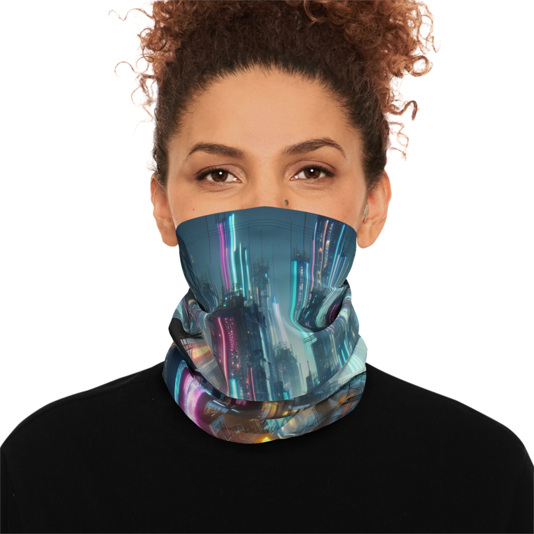 Person wearing a colorful neck gaiter on a white background