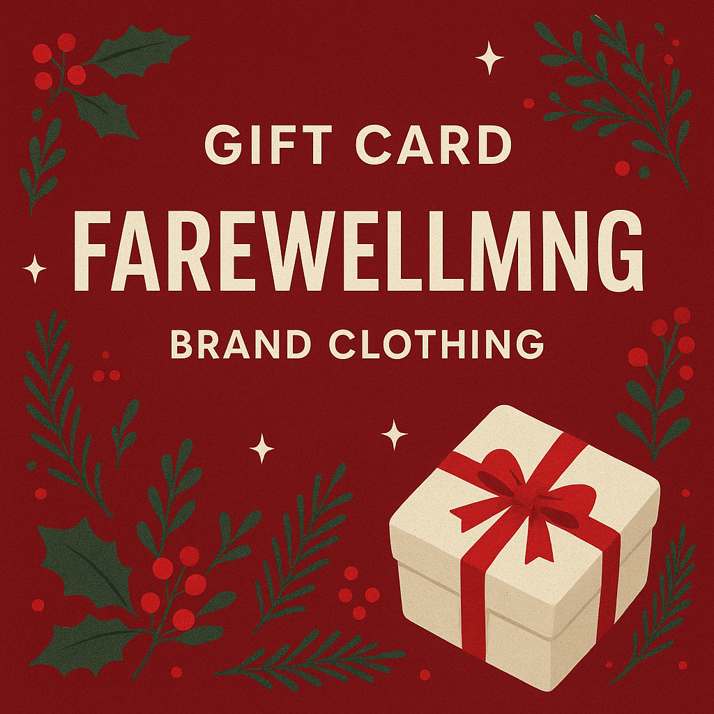 Gift card design for FarewellMNG Brand Clothing with a red background, gift box, and holly leaves.